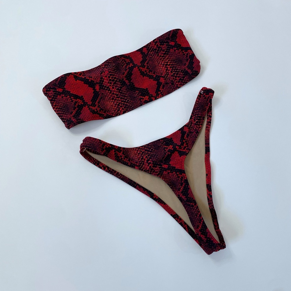 Red Snake Print Thong Bikini Set